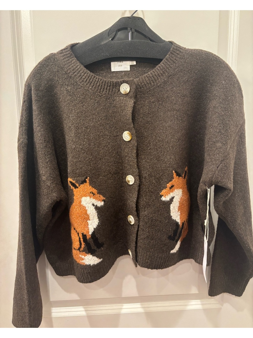 NWT Luna Ivy brown Fox Button-Up Cardigan Sweater - S/M